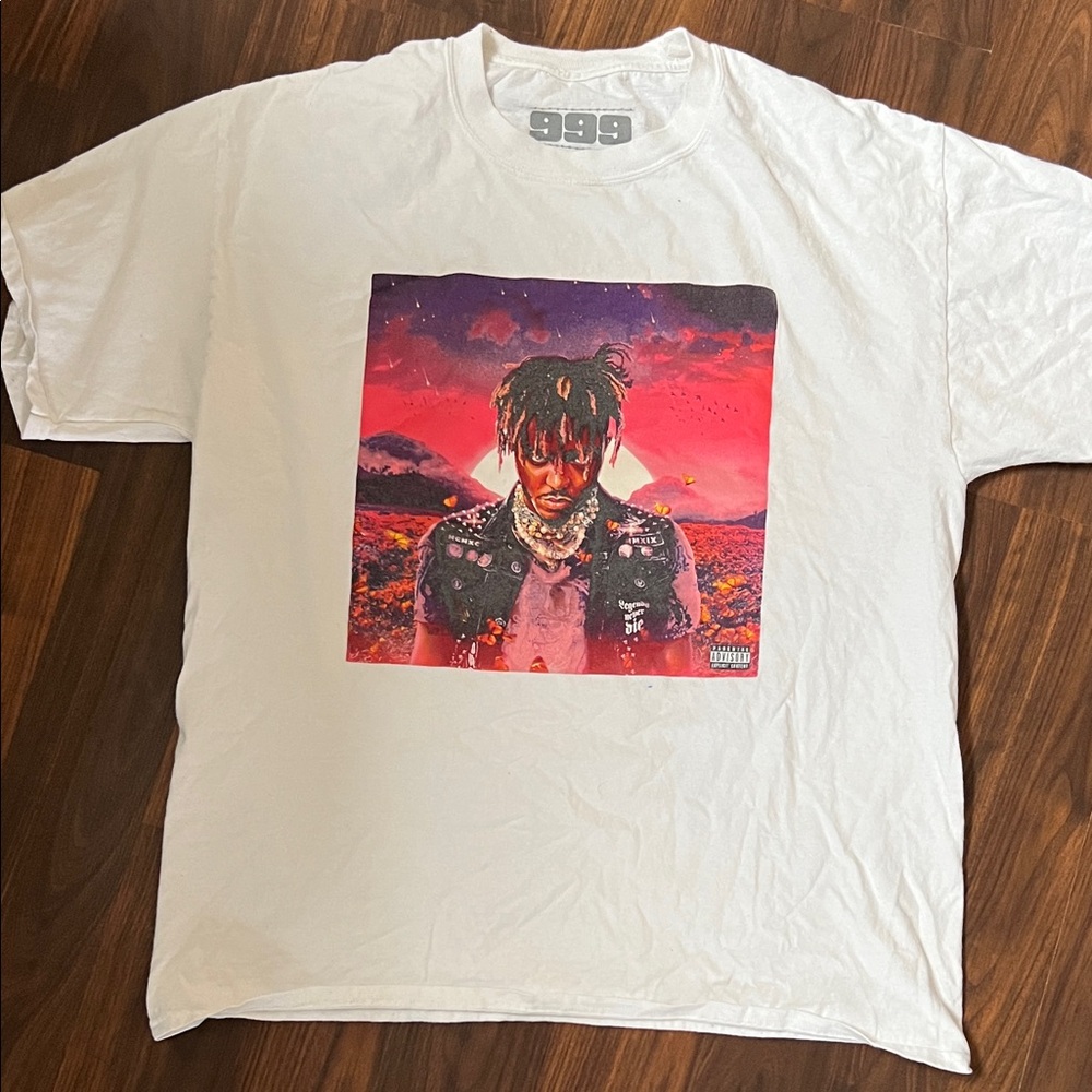 White Graphic Short Sleeve Tee with Red Landscape Print